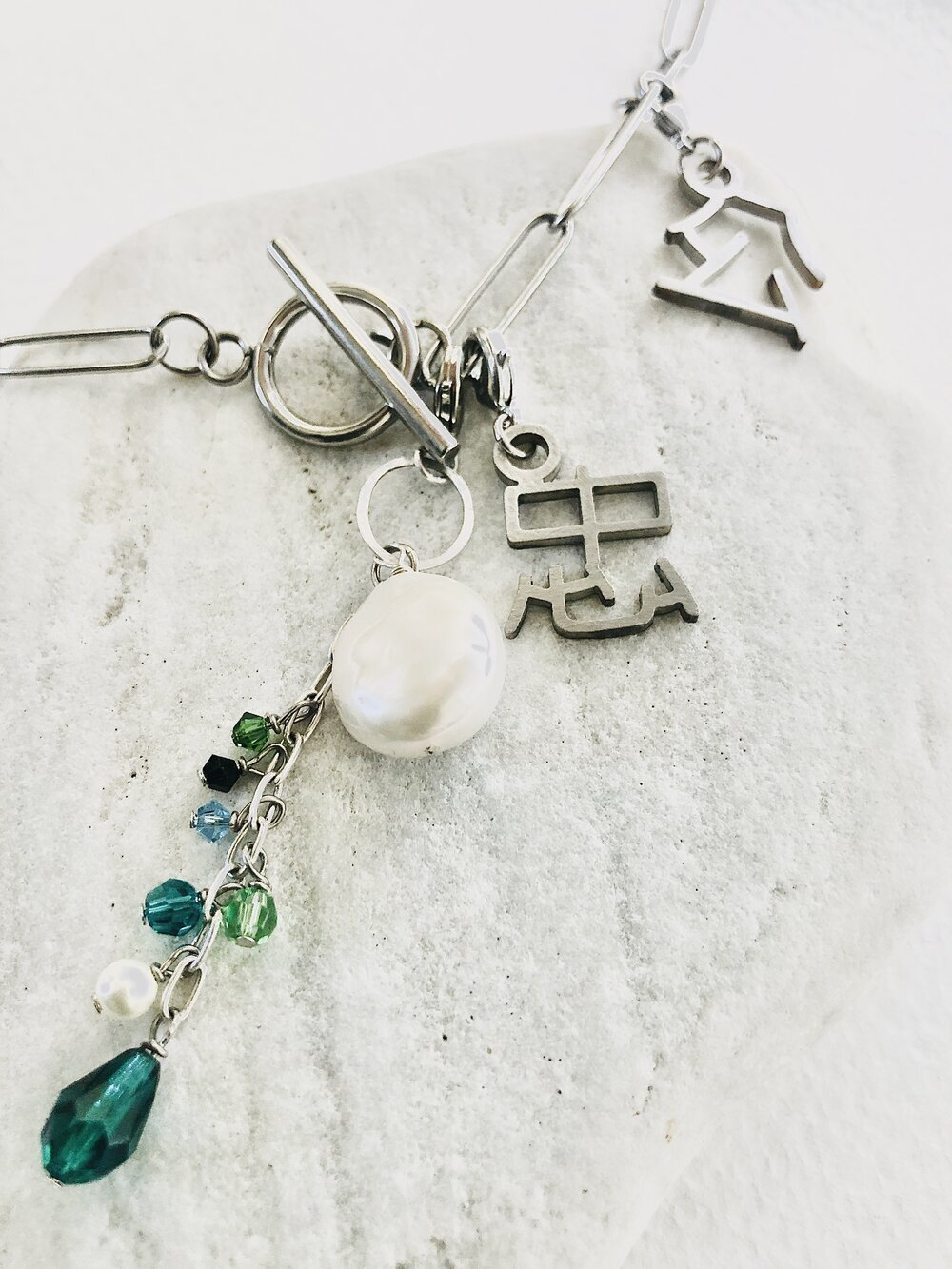 Two Kanji and Pearl Crystal pendant long necklace (28 inches)