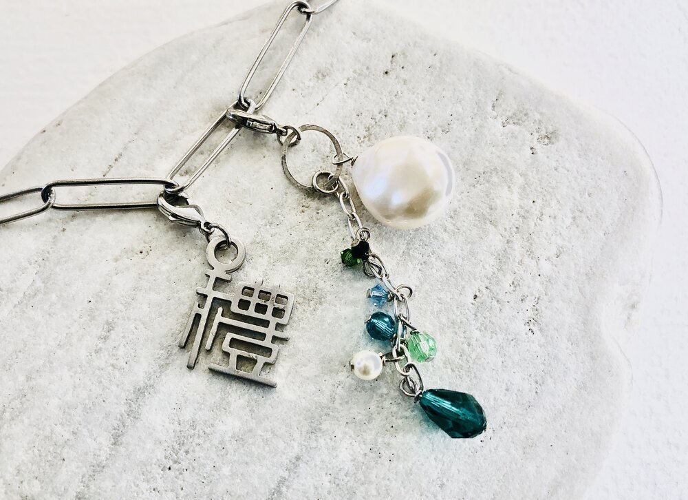 Single Kanji and Pearl Crystal Charm combo necklace - 18 inches