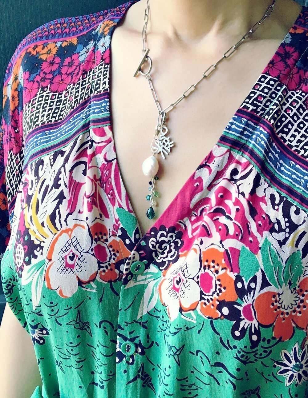 Single Kanji and Pearl Crystal Charm combo necklace - 28 inches