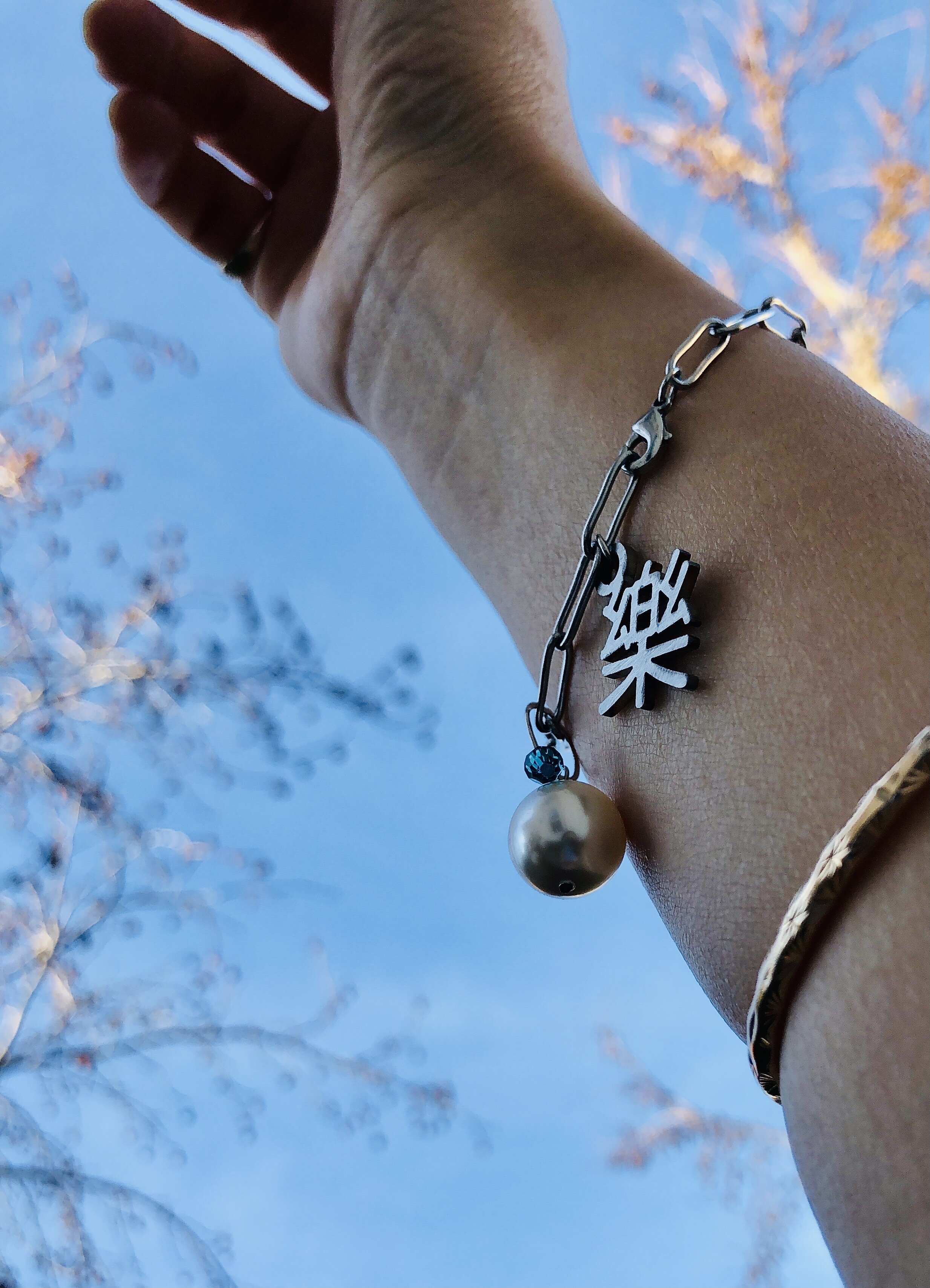 Bracelet - Single or Double kanji characters w/ one pearl dangle bracelet