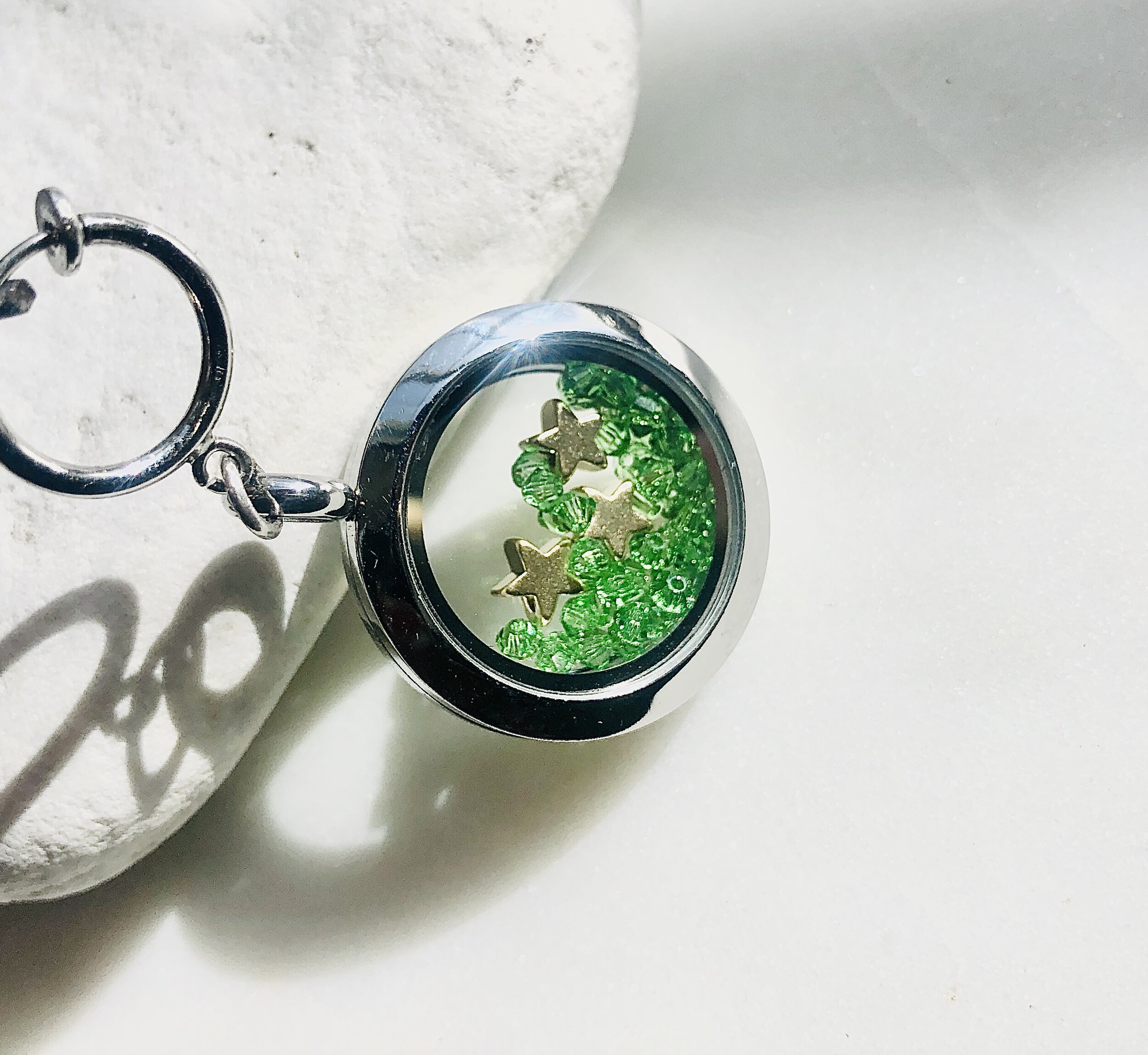 Add on - Glass Locket with grass green Swarovski crystals and gold stars