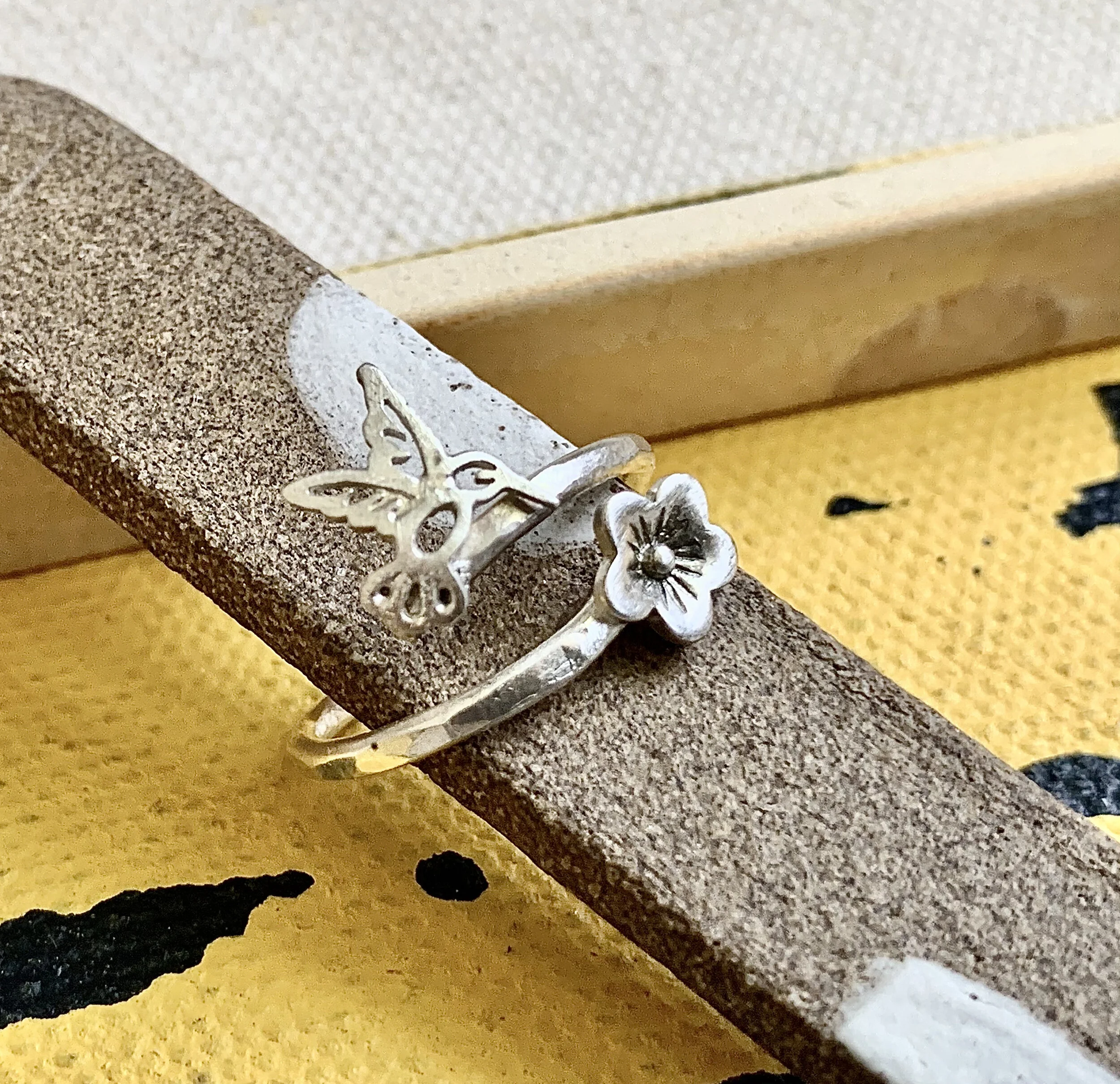 Enchanting Hummingbird and Sakura Ring - cherry blossom adjustable ring 