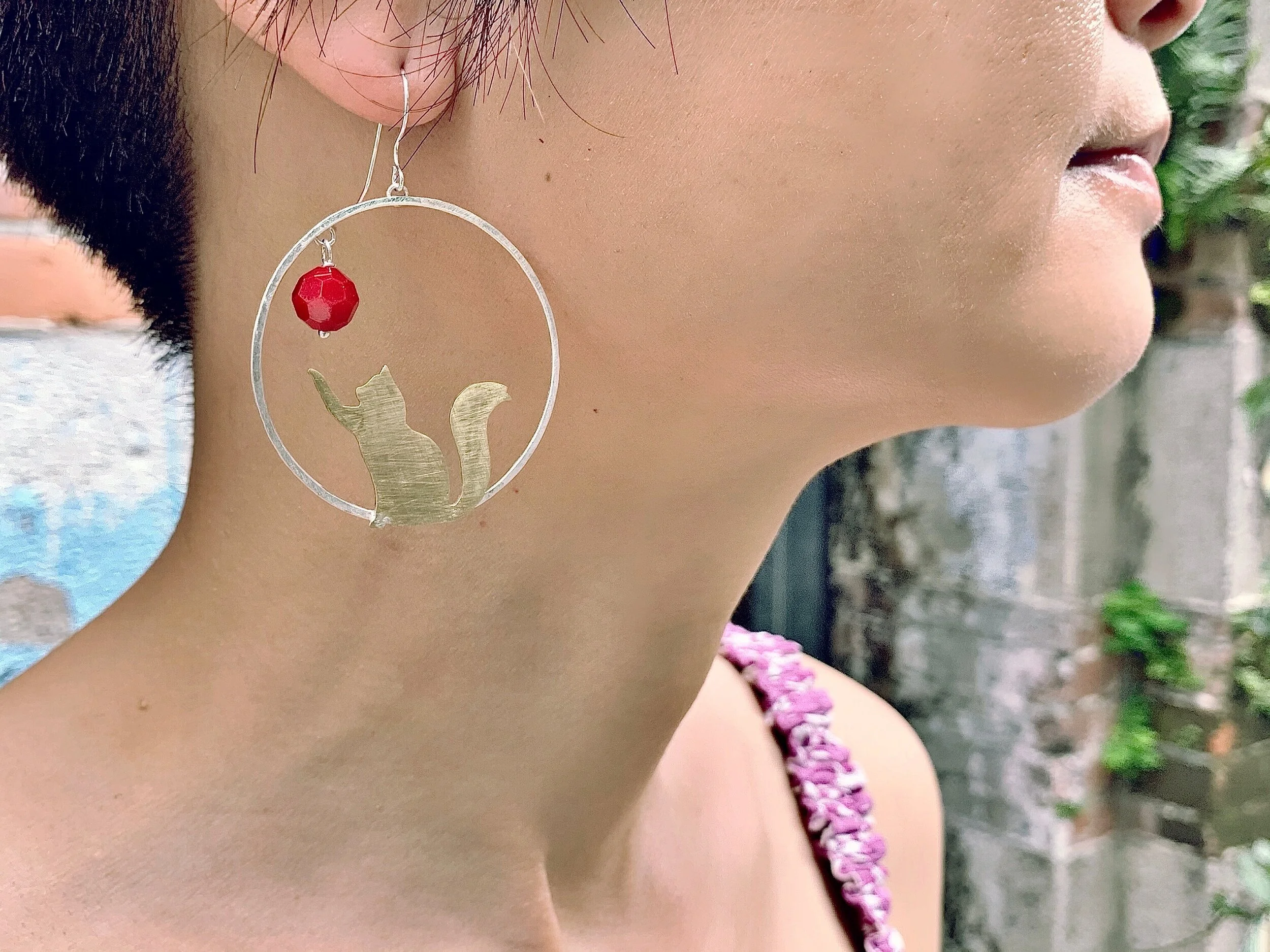 Large Cat Hoops with Red Crystals, Gold cat Red crystals earrings, Cat Silhouette Earrings, Cat Lady Gift