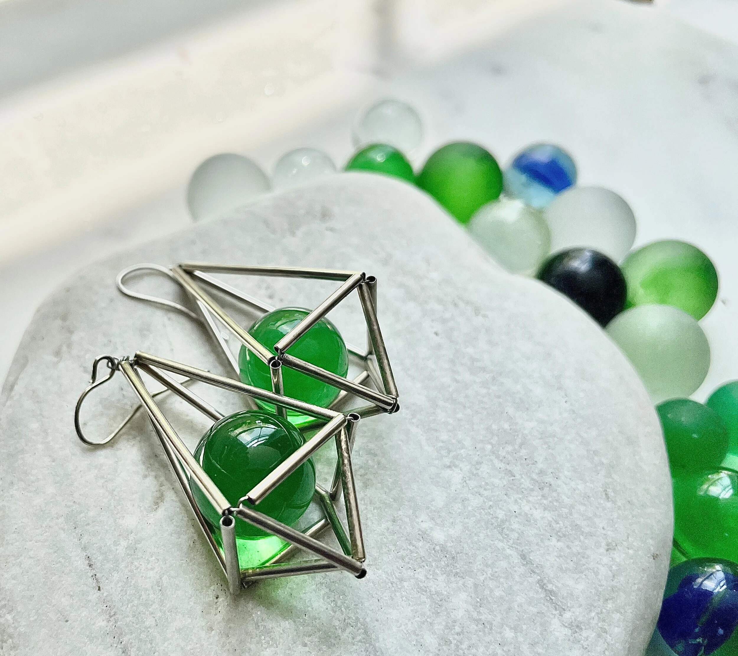 Sacred Himmeli earrings with vintage glass marbles