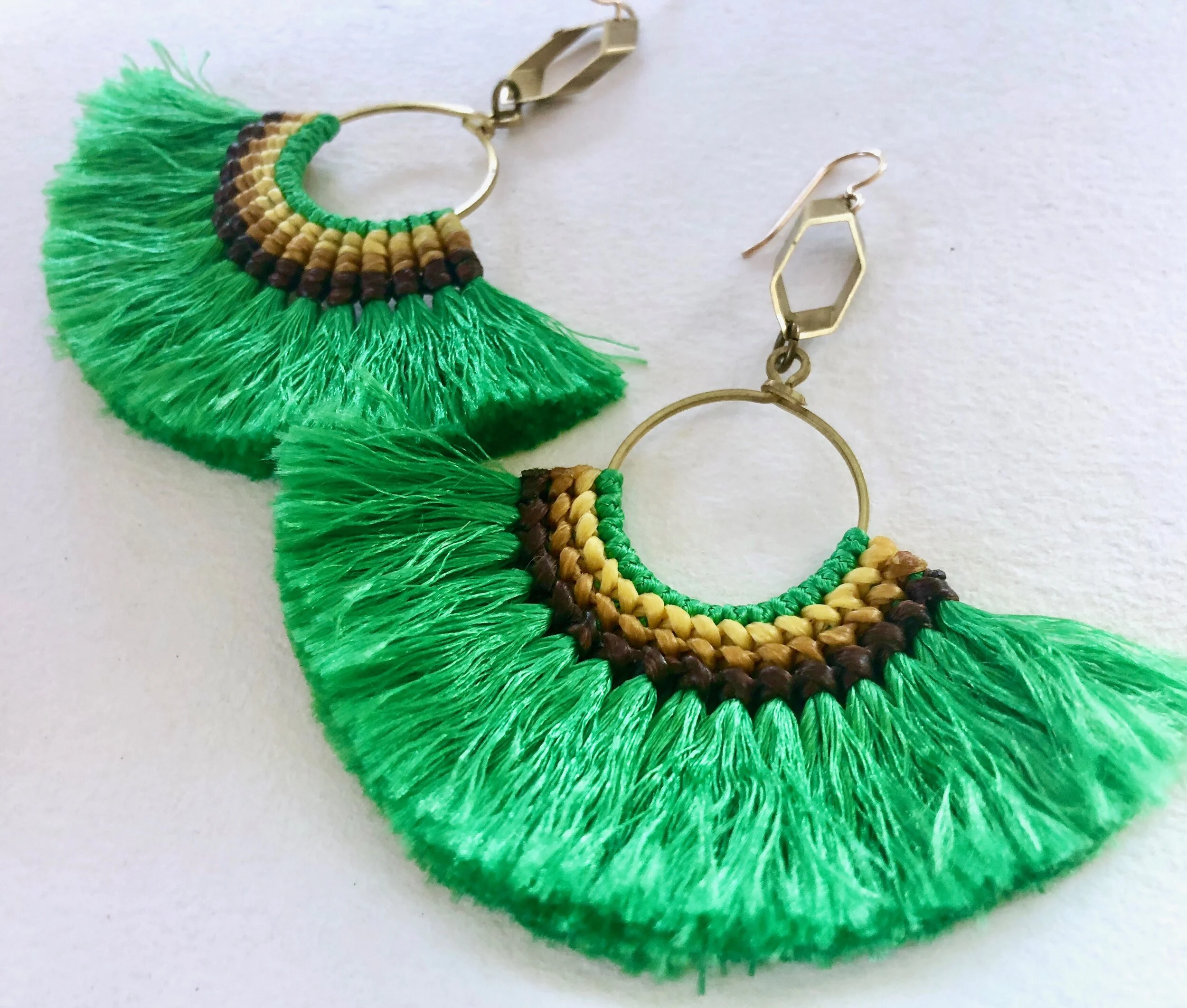 Green and mustard Tassel earrings, Black Tassel earrings, statement earrings