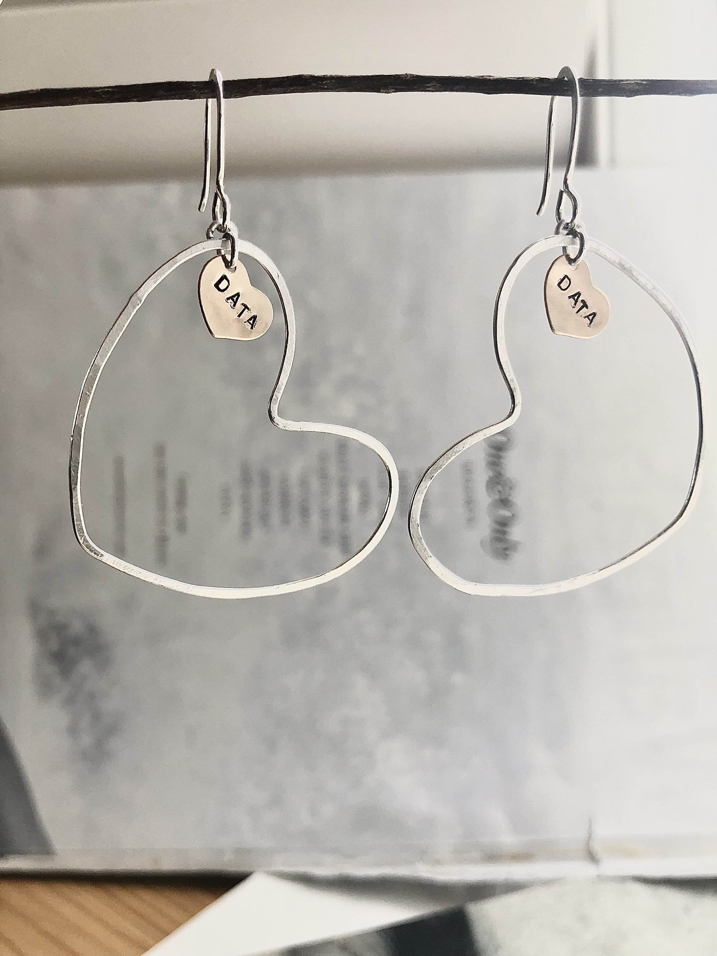 I love Data Earrings, Big Heart Dangle Earrings, Personalized word earrings