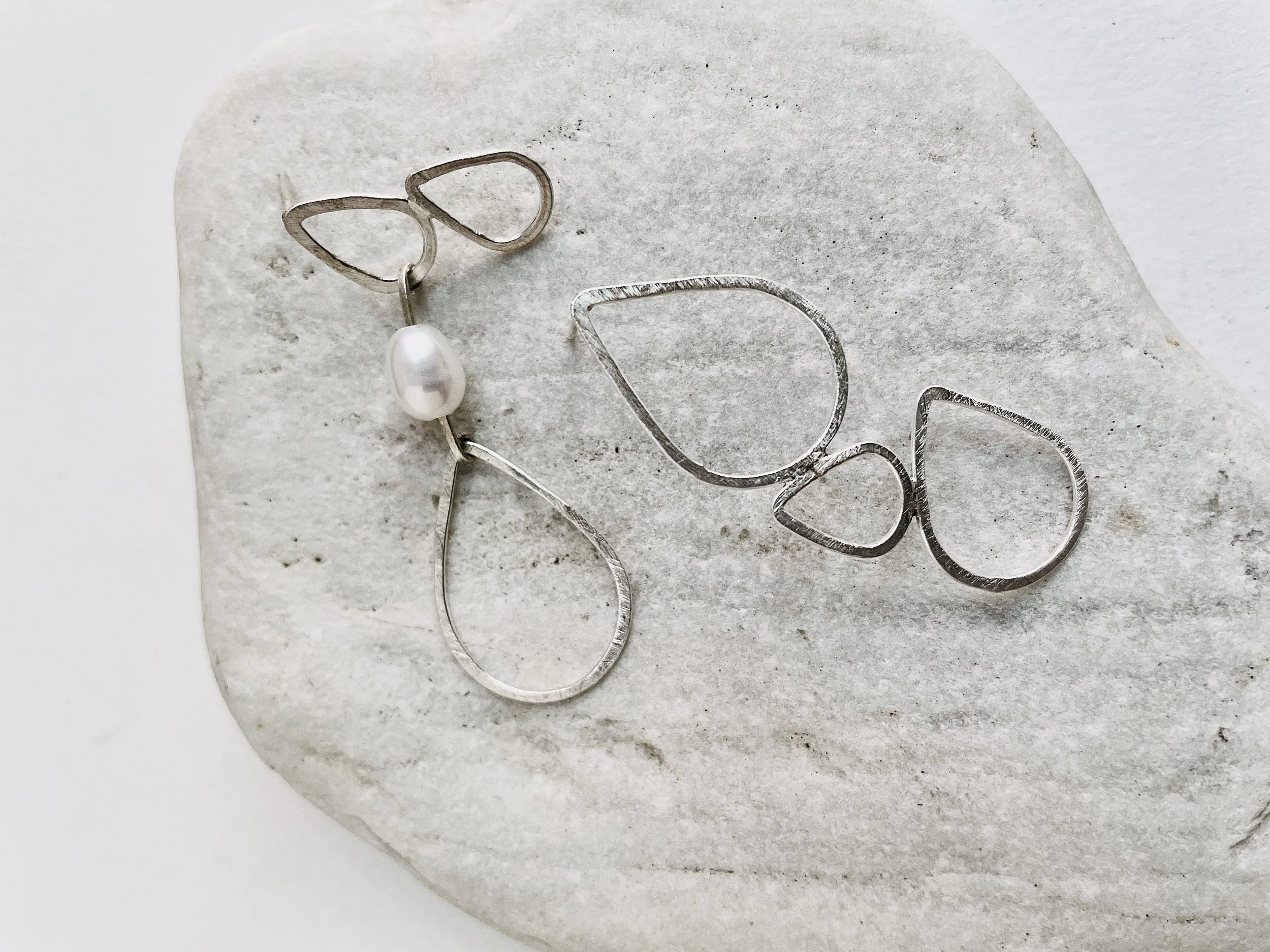 Dew Drop Trio post earrings, Asymmetrical teardrop pearl earrings