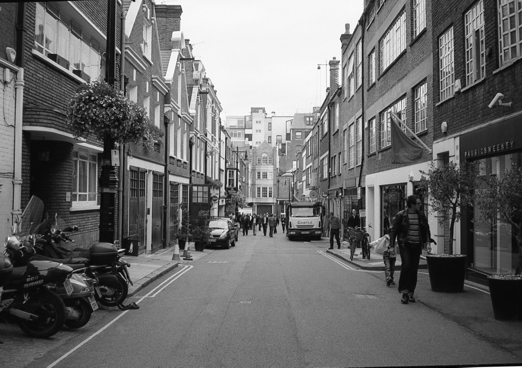 Perspective, Bruton Place, Mayfair, London (Summer 2013) // Kodak T- Max 100, Olympus Om2n, Epson V330 // Exploring the hidden streets of Mayfair. How can we find new within the old? 