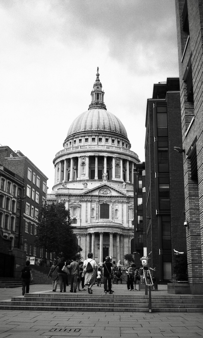 St. Paul Cathedral, London, England (Summer 2012) // Ilford HP5, Olympus Om-2n, Epson V330 // Can you feel the Olympic energy? Entertaining mascot contrasting the heritage and grandeur of St. Pauls Cathedral. 
