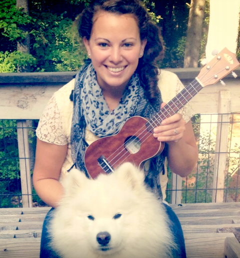 Kalyn Sullivan, the ukulele she is learning to play, and her really fluffy dog.