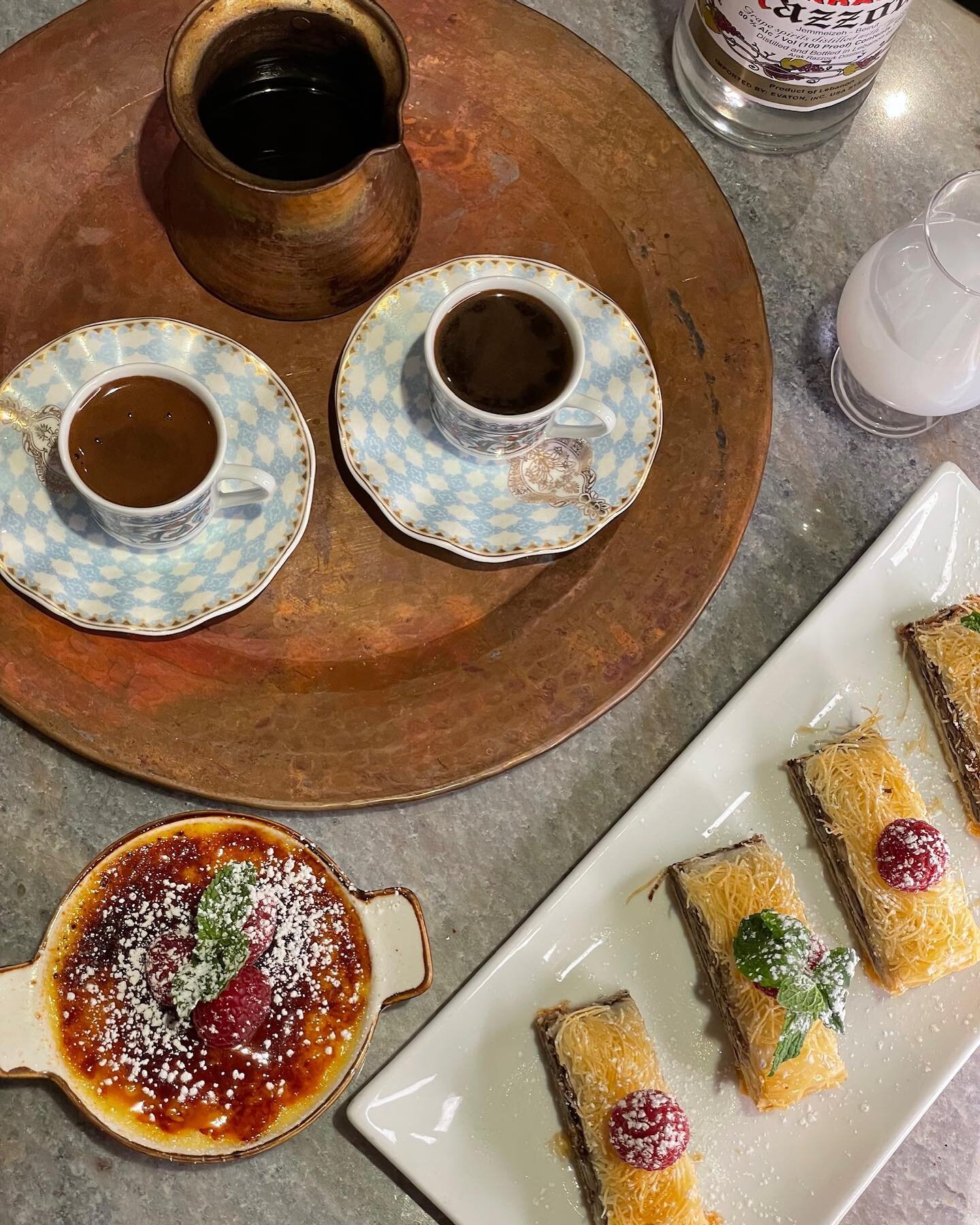 The perfect dessert pairing 🤩😍 Cr&egrave;me Br&ucirc;l&eacute;e, Baklava, and Armenian Coffee 🤌🏽🤌🏽🤌🏽 #10e #10erestaurant #dtla #dtlarestaurant #dtlafoodie #armenianfood #lebanesefood #meditteraneanfood
