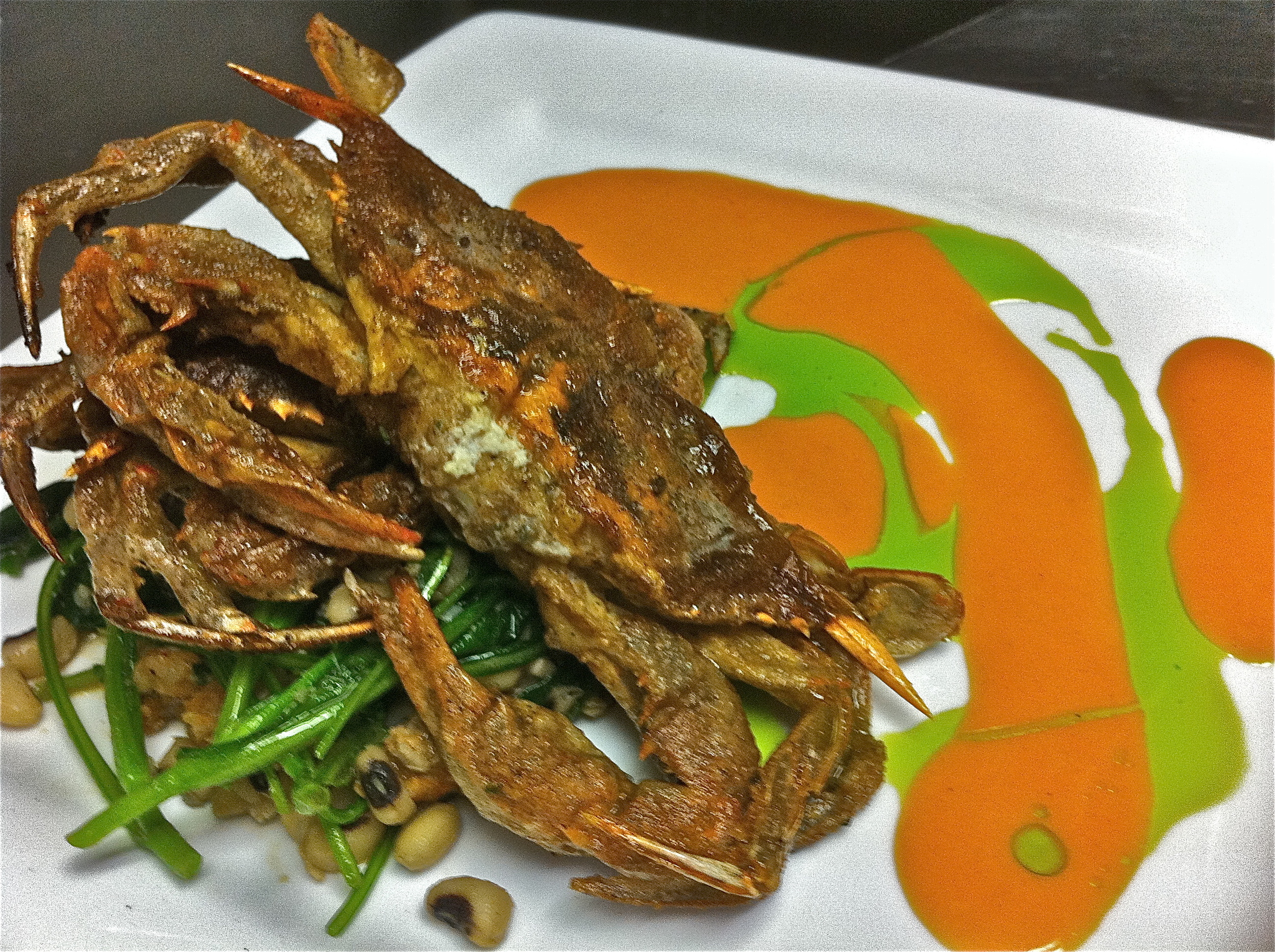 Soft Shells, Pea Tendrils, 2 Sauces