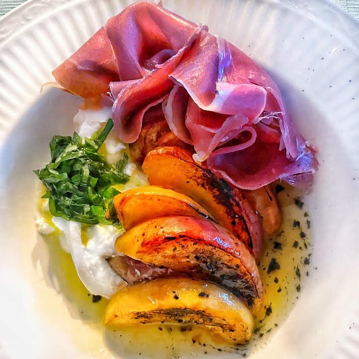 Prosciutto, Roast Peaches, Buratta, Basil, Lava Salt, Evoo, White Trebbiano Ver Jus