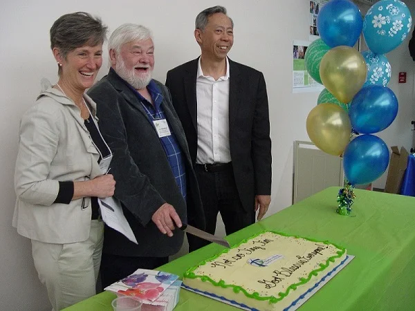  martha asselin, yme woensdregt and howard soon cut the cake at synod 2015: "not-so-tiny tim - god bless us, every one!"