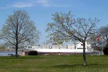 Containership glides past the site of Fort Billingsport, the first property purchased July, 1776, by the new American government, one day after proclaiming independence.