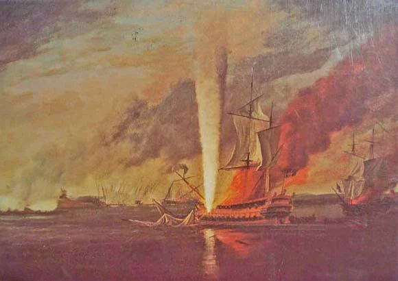 64-gun ship "Augusta" caught fire and exploded during the week-long bombardment of Fort Mifflin. Washington ordered the fort, which prevented ships from supplying the British army in Philadelphia, held to "the last extremity." It was. At midnight, on November 15 — with the flag still flying over the battered fortress — the last 40 men rowed across the river to safety. (c ourtesy: The Society of Pennsylvania)