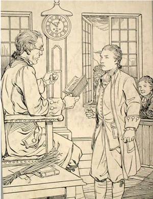 Colonial schoolmaster and student. The Carpenters' Company not only helped educate children of deceased members but often found them positions as apprentices.