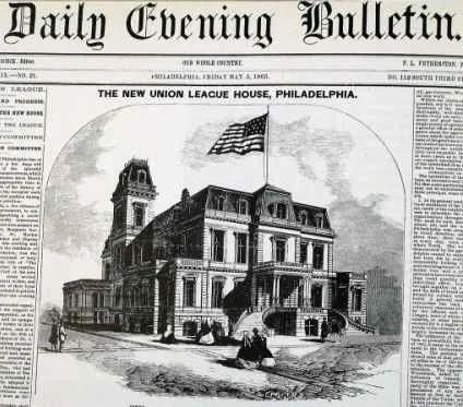 Union League, built by John Crump, a Company member, opened May 11, 1865. One month later, on the day Philadelphia's troops returned to the city, the League honored General U.S. Grant with a gala reception. General Robert E. Lee planned to use the building as his headquarters, had he captured Philadelphia. (courtesy: The Free Library of Philadelphia)