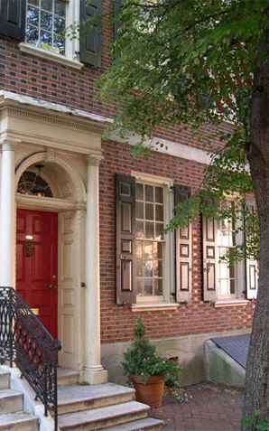 Federal-style house at 336 Spruce St., built by Samuel Pancoast in 1790, was home of Joseph Wharton, who established Swarthmore College — an early co-educational institution — and the Wharton School of Finance and Commerce at the University of Pennsylvania, the first of its kind.
