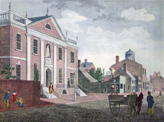 Library Company's first building at Fifth & Chestnut Sts. was completed in 1790 with help from eight Company members. Franklin, who founded the Library Company, died within several months of the building's dedication. (c ourtesy: The Free Library of Philadelphia)