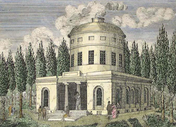 At Center Square pump house , steam engines lifted water thirty feet to 16,000-gallon tanks for distribution through pipes made from hollow logs. (courtesy: The Free Library of Philadelphia)