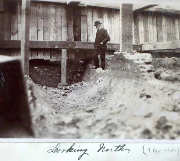 Brick-lined tunnel, discovered during excavation for the Broad St. subway, brought water from the Schuylkill river to a pump house at Center Square, where City Hall now stands. (courtesy: The Free Library of Philadelphia)