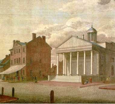 An awning shades the Tavern's entrance in this 18th-century print. At right is the Bank of Pennsylvania which rented Carpenters' Hall while this imposing structure was underway.