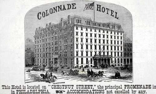 Colonnade Hotel, on the southwest corner of 15th & Chestnut Sts., enlarged and managed by Crump, could house 400 guests and was known for its cuisine. (c ourtesy: The Free Library of Philadelphia)