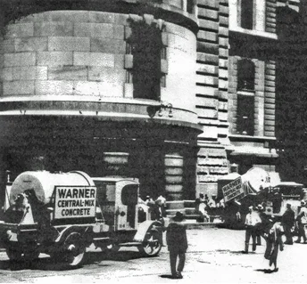 In City Hall courtyard , central-mix concrete of consistent quality is delivered by a Steele-related firm for construction of the Broad Street subway. Tunnel had to curve around the foundation of the 500-foot tower topped by the statue of William Penn.
