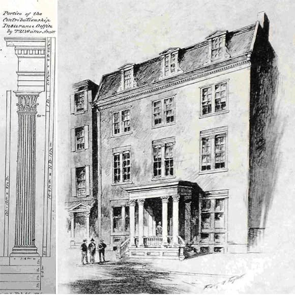 For The Contributionship, architect Thomas U. Walter designed a three-story building (now four) combining offices on the first floor with residences for officers. John D. Jones, a Company member and devotee of Walter, included a drawing of the building’s Corinthian-style columns in his sketchbook, now at The Athenaeum of Philadelphia. (c ourtesy: The Free Library of Philadelphia)