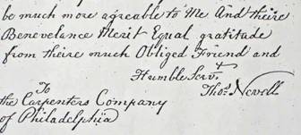 The Carpenters' Company was Nevell's "safety net" in his closing five years. This touching letter — written in his strong, clear hand — thanks the Company for their help, with this postscript: "If it would be convenient, I should be glad of a little firewood before it grows dearer."