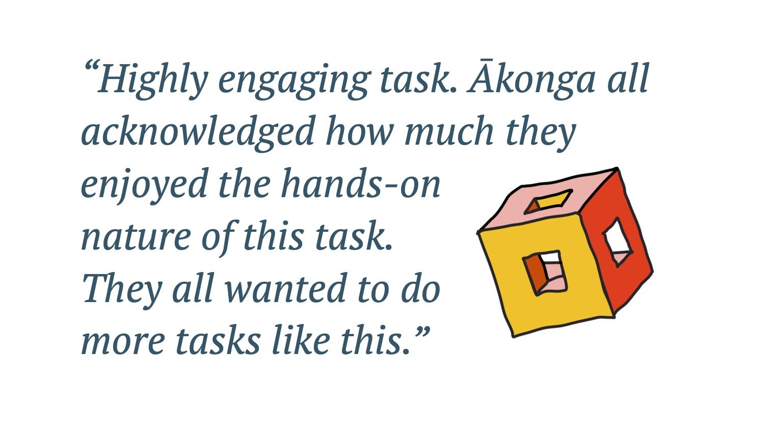Quote: Highly engaging task. Ākonga all acknowledged how much they enjoyed the hands-on nature of this task. They all wanted to do more tasks like this.