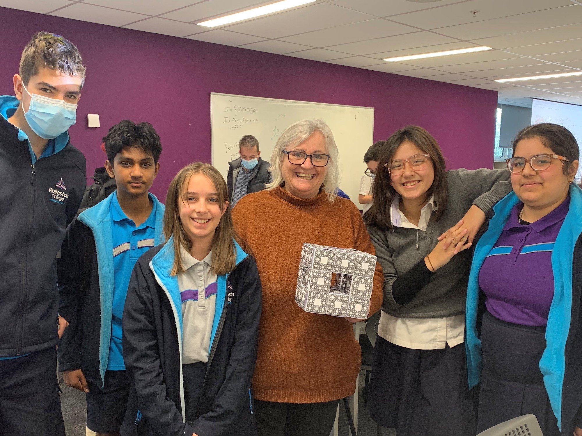 Five students and a teacher from Rolleston College with their completed Level 1 Menger sponge (Copy)