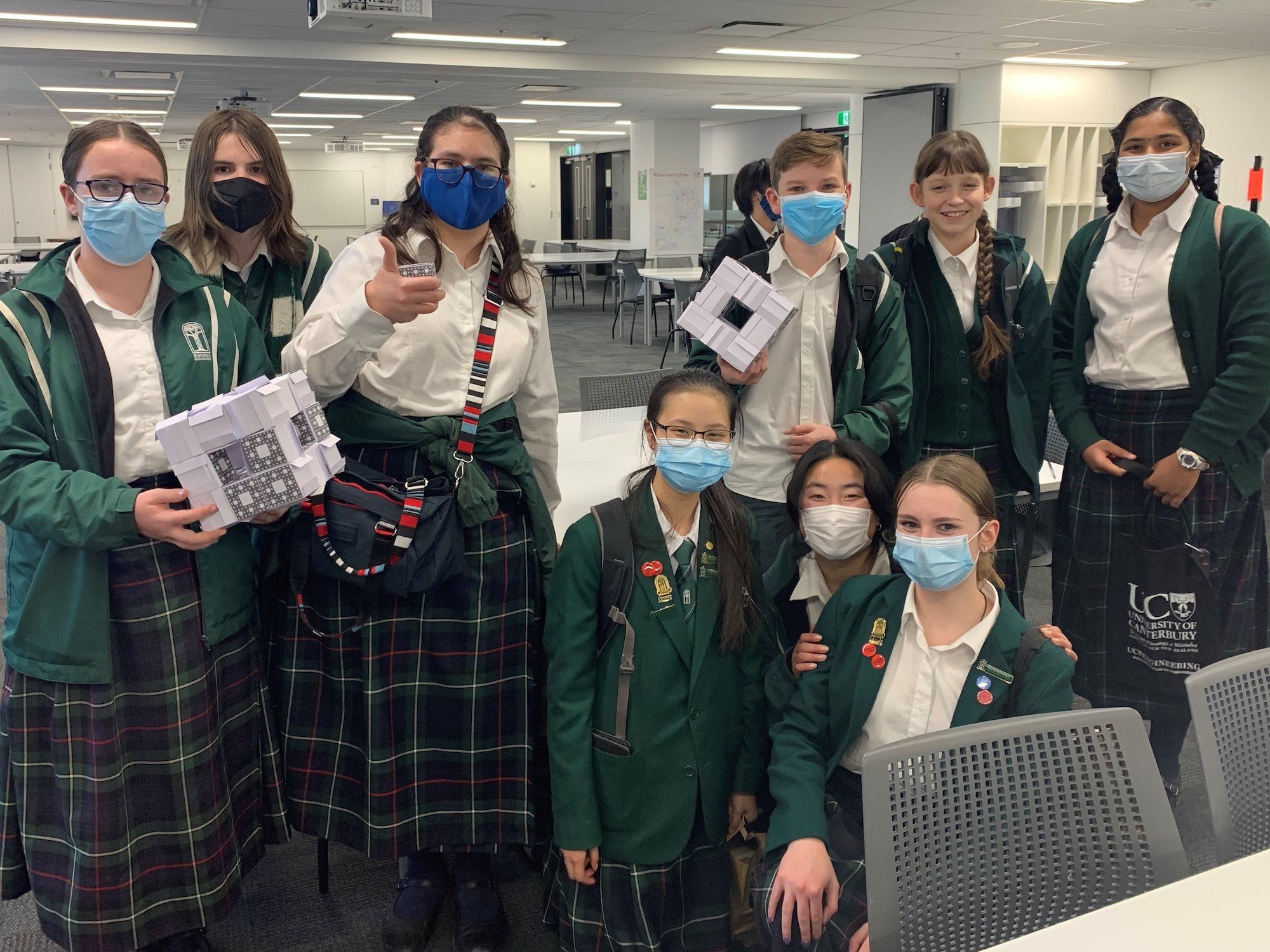 A group of nine students from Burnside High School with their two Level 1 Menger sponges (Copy)