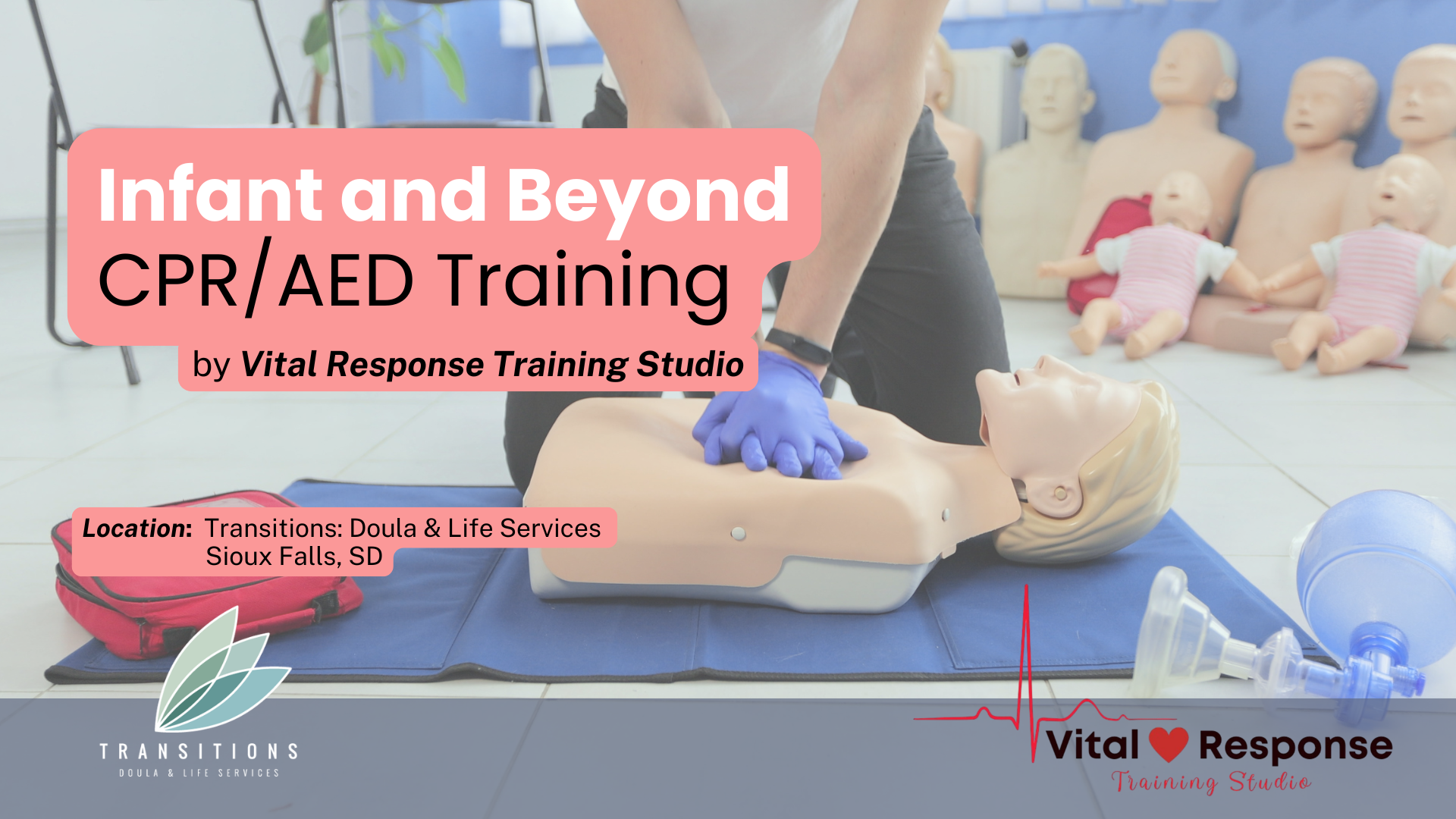 A person practices CPR on a dummy.