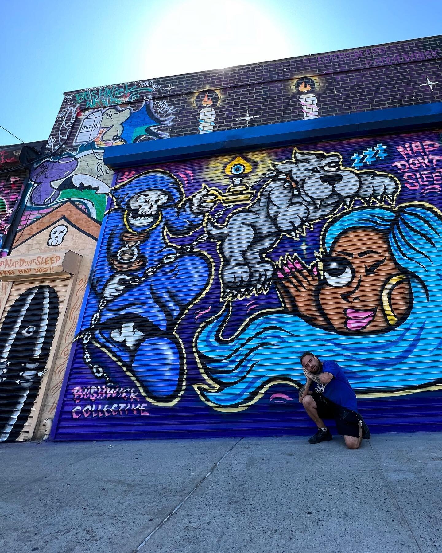 Just finished painting this @napdontsleep mural for @thebushwickcollective. Thanks to Joe for the alley oop, @wsupwitbruh for the assistance &amp; Rosie 🐶 for the morale. Now come pull up to the block party today!