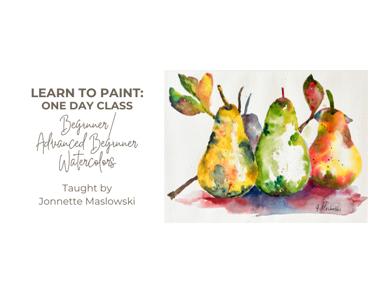 A watercolor painting of three pears in yellow, green, and red with leaves, on a white background for downtown Naperville art classes.