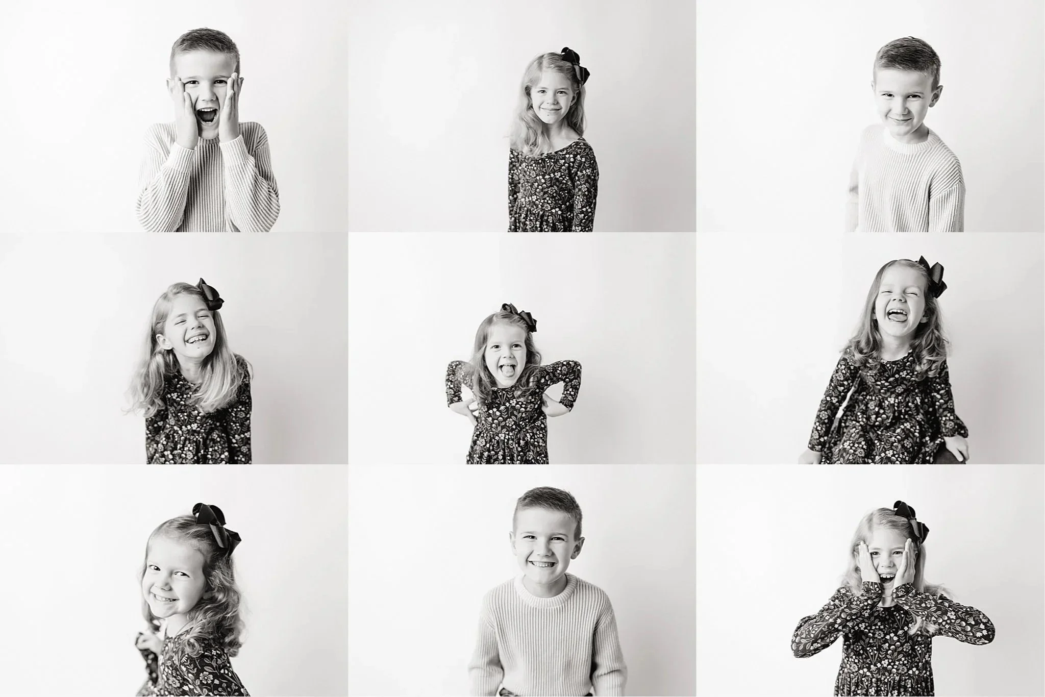 Grid of black and white photos of children expressing joy and surprise, including boys and girls with different hairstyles and patterned clothing, against a white background during personality mini sessions with Ally and B Photography in Naperville.