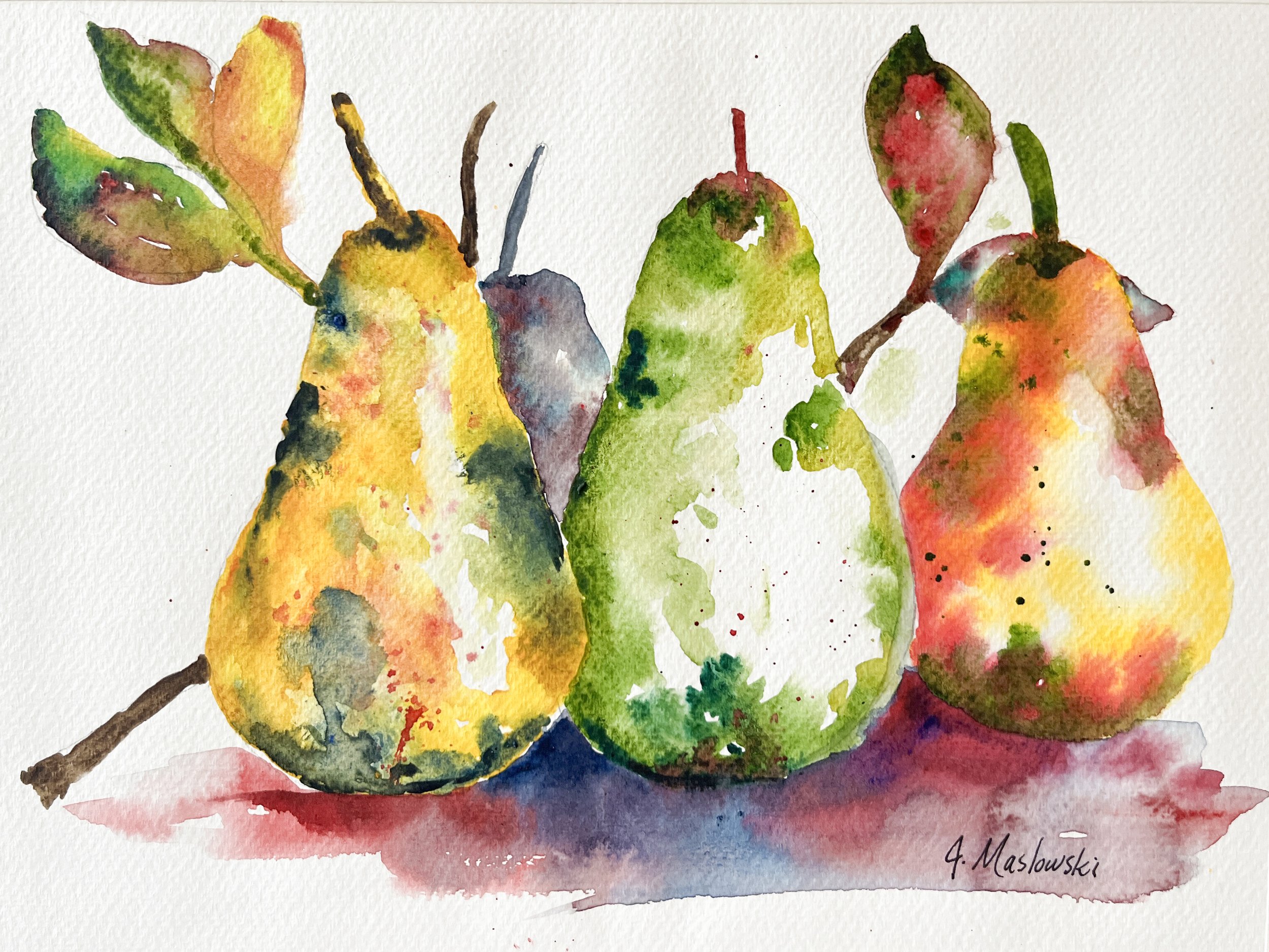 Watercolor painting of three pears with leaves on a white background by Jonnette Maslowski, Naperville watercolor teacher.