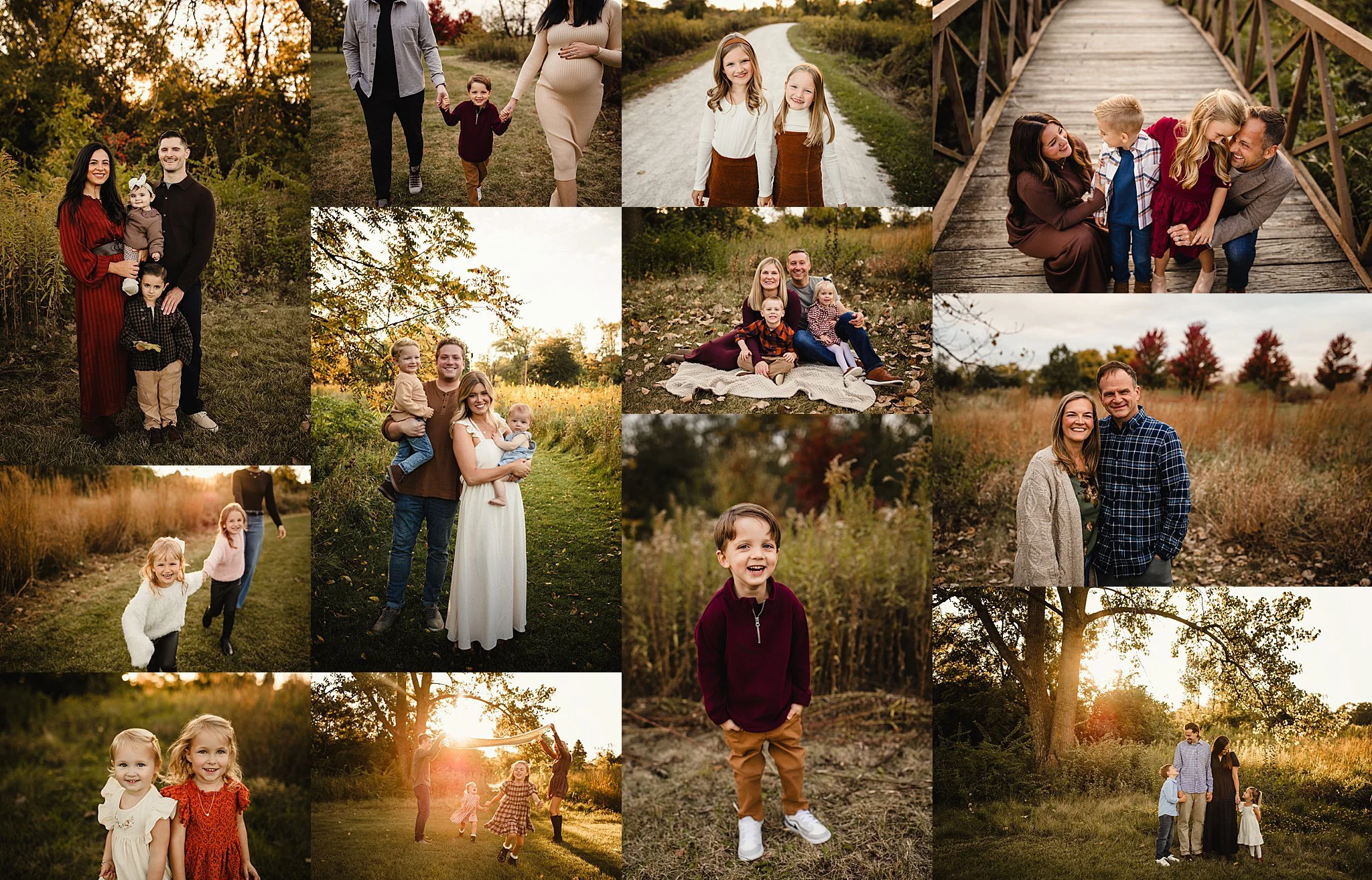 A collage of outdoor family and children photos taken during sunset in fall, featuring children, parents, and couples in nature settings with trees, grass, and pathways for fall mini sessions near me.