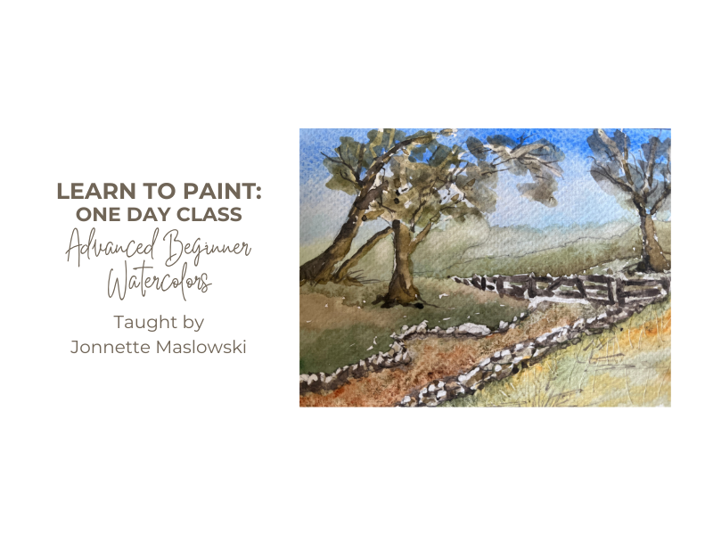 A watercolor landscape with trees, a stone wall, and a distant mountain, part of a promotional flyer for an advanced beginner watercolor painting class during a watercolor class in Naperville.