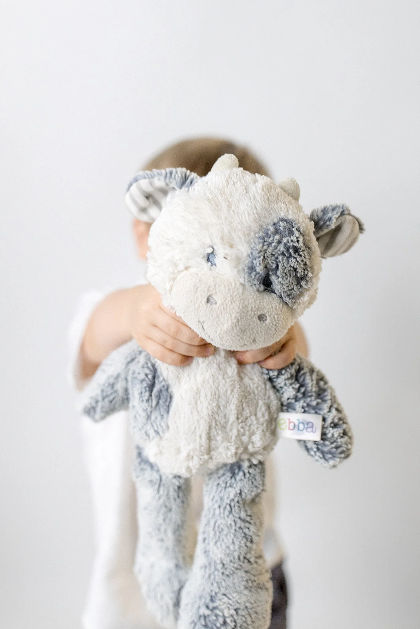 Child holding a plush giraffe toy with gray and white patterned fur and a tag that reads 'ebba', against a plain white background for personality minis near me.