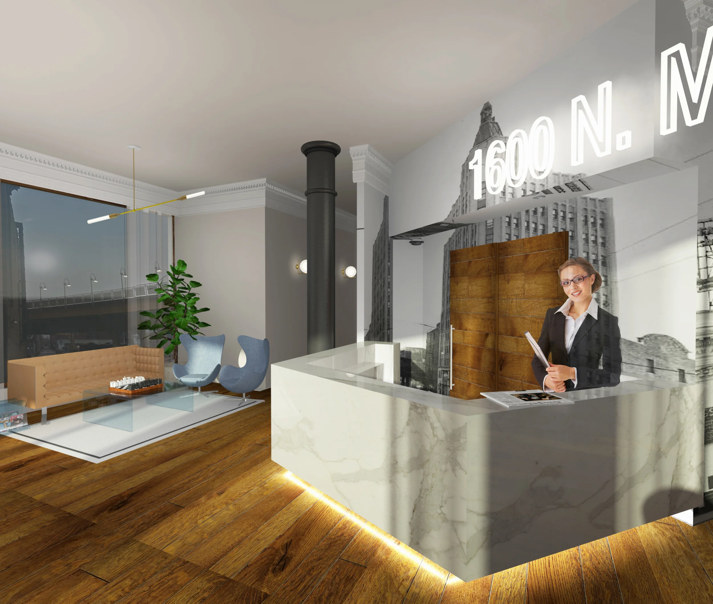 Level 1: A monolithic marble reception desk is under-lit, highlighting it as the info hub of the building.