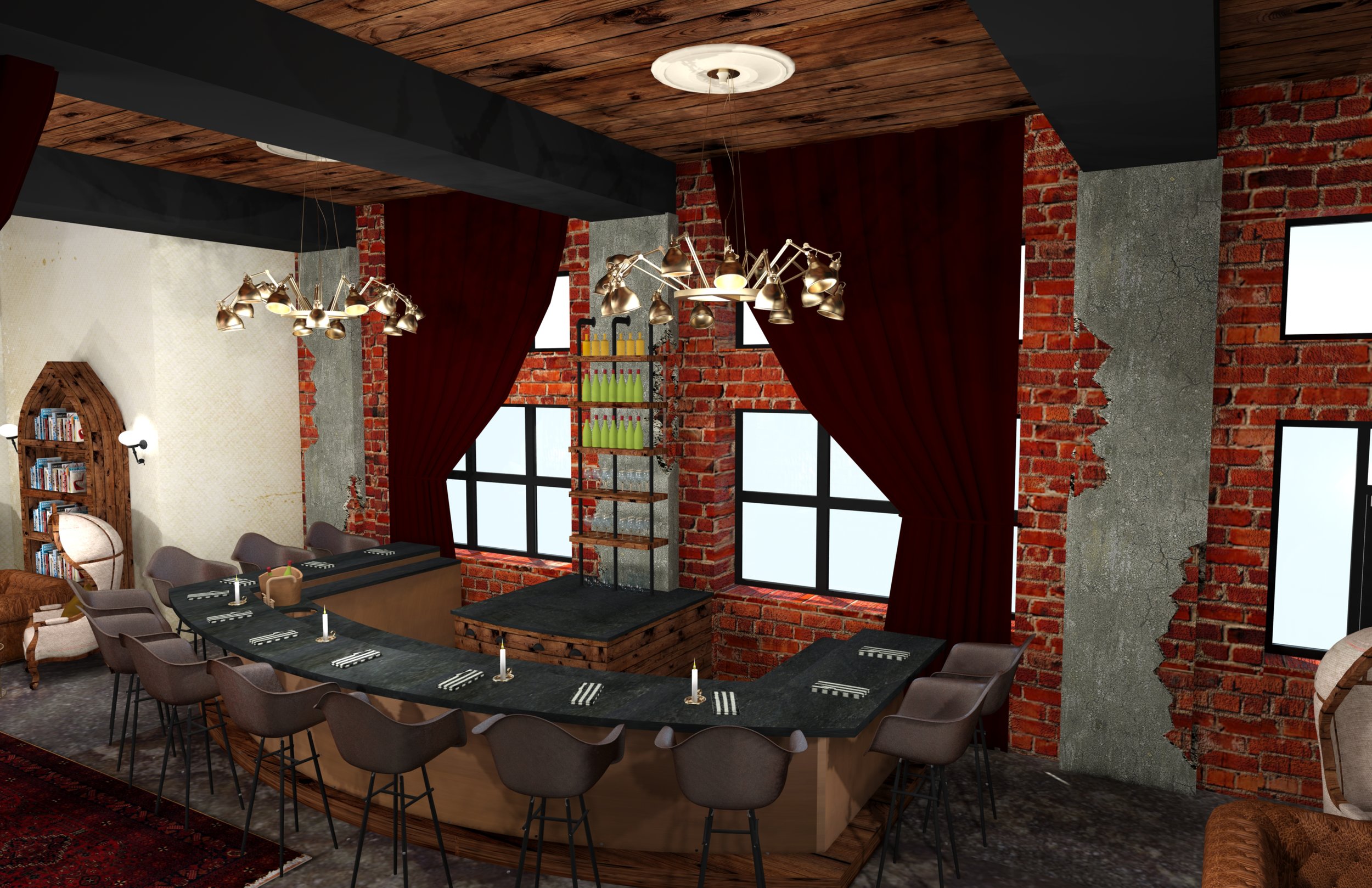 Level 1: The main bar faces a private garden to the north and features steampunk light fixtures and plush velvet curtains