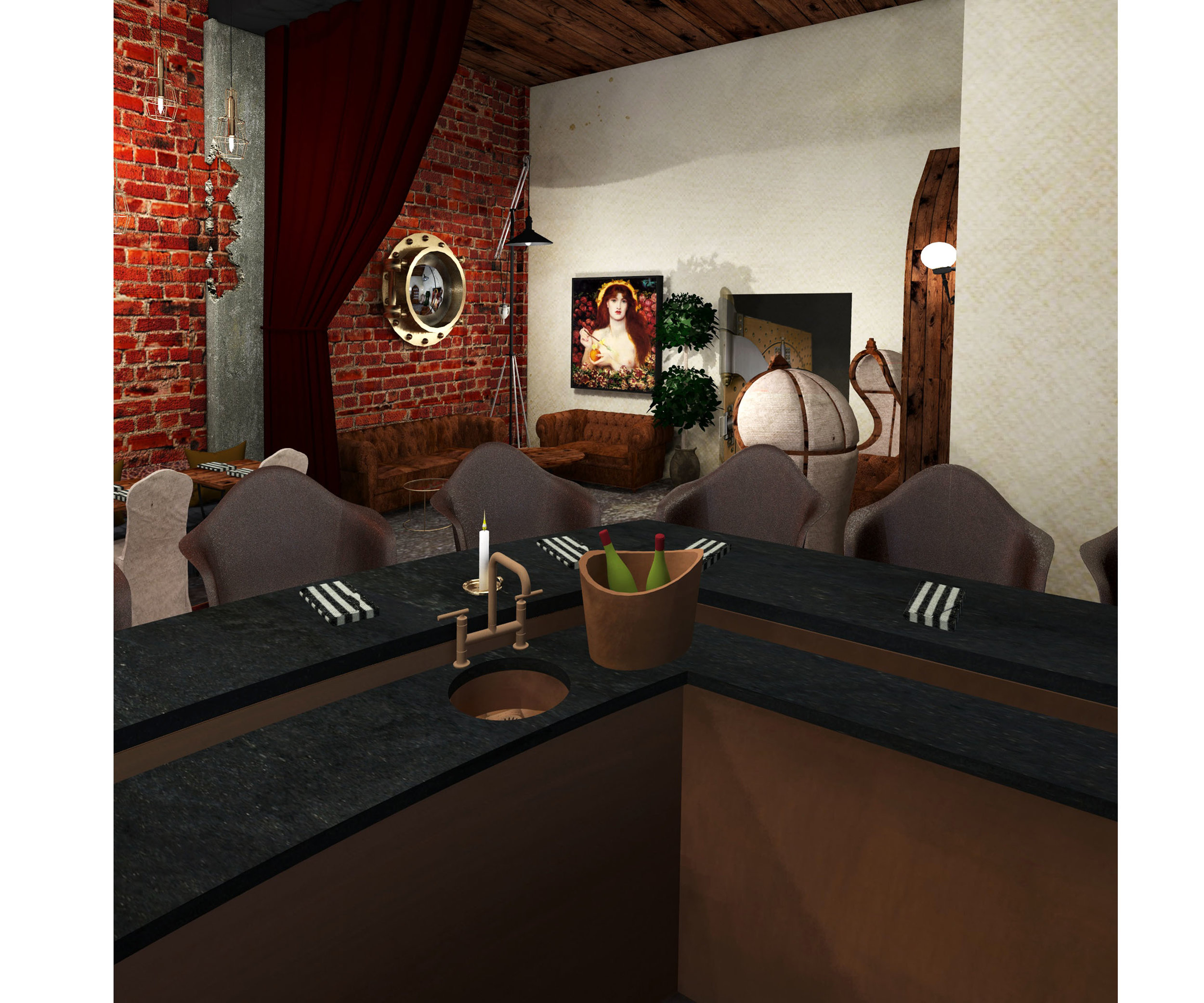 Level 1: Behind the bar, a view to the entryway and of cozy spots to socialize