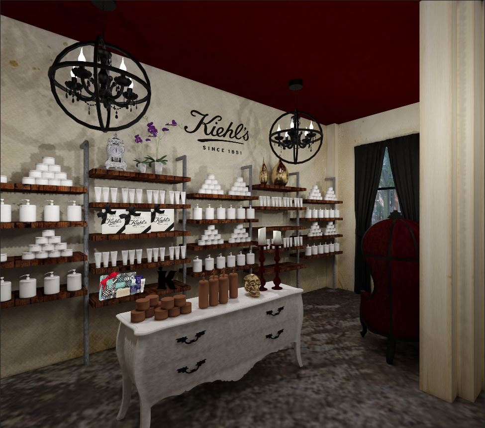 Level 1: The main entry apothecary-style retail area displays Kiehl's brand and in-house spa products.