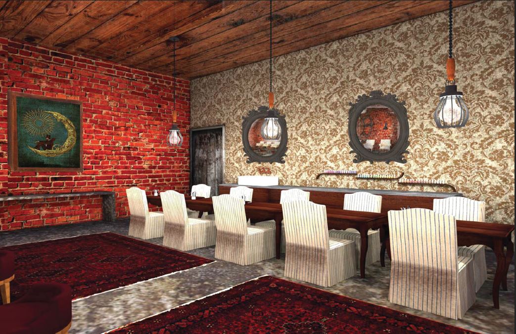 Level 1: The nail salon room features steampunk fixtures, comfortable, home-like furnishings, and a door to the employee break area