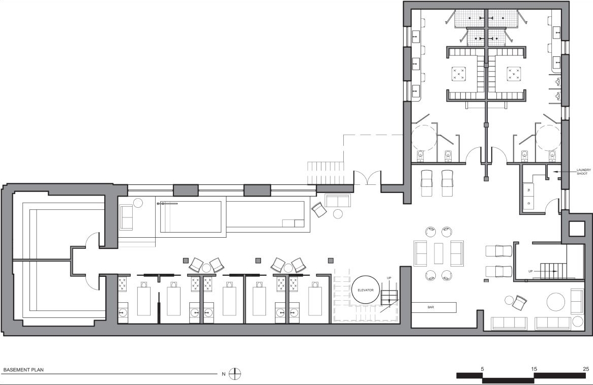 The Basement Floor Plan shows a secondary bar, laundry room, men's and women's locker rooms, massage rooms, a long pool and hot tub, and sauna and steam rooms