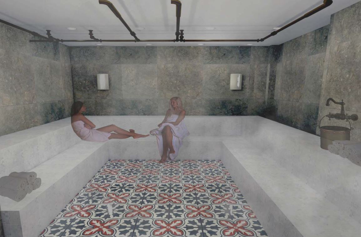 Basement: The co-ed sauna is large and comfortable for men and women to enjoy. An in-room phone allows guests to call the bar for a refreshing drink.