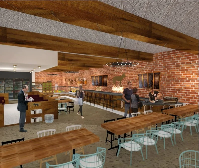 Level 1: Coyote Cafe has a grab and go market, deli, bakery, coffee counter, and bar.